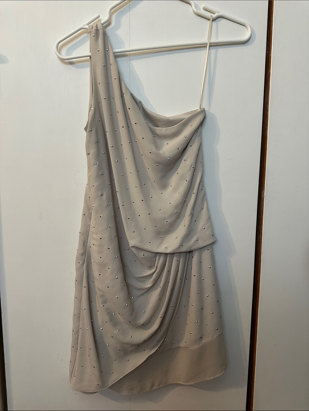 Express One-Shoulder Beaded Dress in Taupe